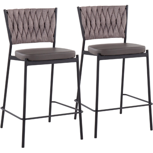 Tania Counter Stool in Light Brown Fabric, Grey Leatherette & Black Metal (Set of 2)